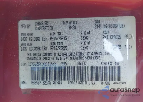 1999 Dodge Dakota Slt/Sport z USA, uszkodzony, nr VIN 1B7GG26Y1XS111559